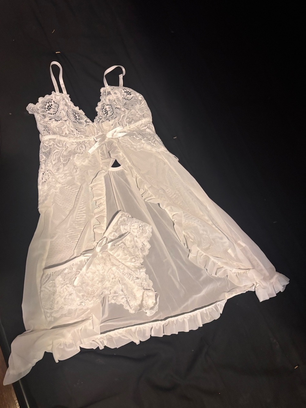 Sheer Lace Ruffle Babydoll Chemise with Matching Lace Panty - White